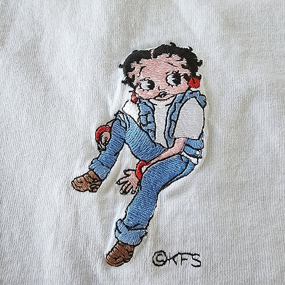 Vtg USA Cotton 80s Anvil Embroidered Betty Boop Long Sleeve Lo-fi Pullover Top - Picture 5 of 5